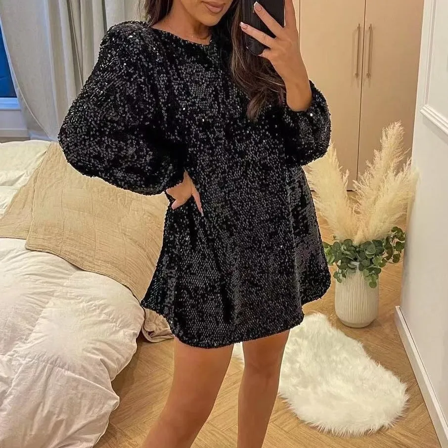 Long-sleeved loose sequined dress