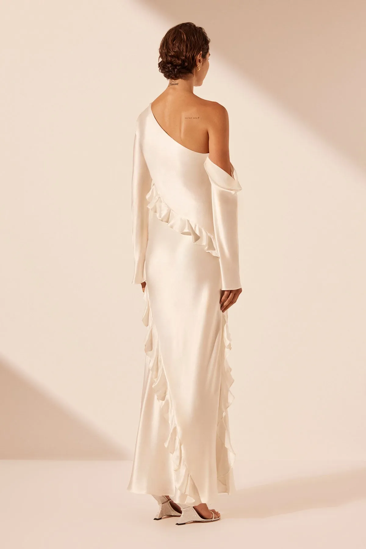 LOUELLA SILK ASYMMETRICAL LONG SLEEVE RUFFLE MAXI DRESS - IVORY