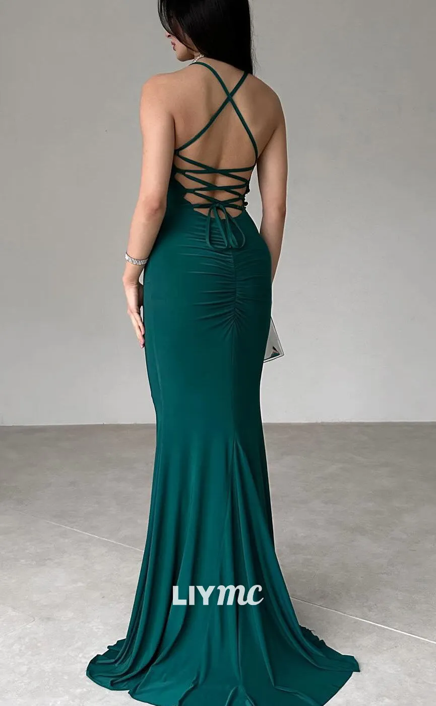 LP2201 - Square Sleeveless Crisscross Straps Sleek Satin Mermaid Prom Dress