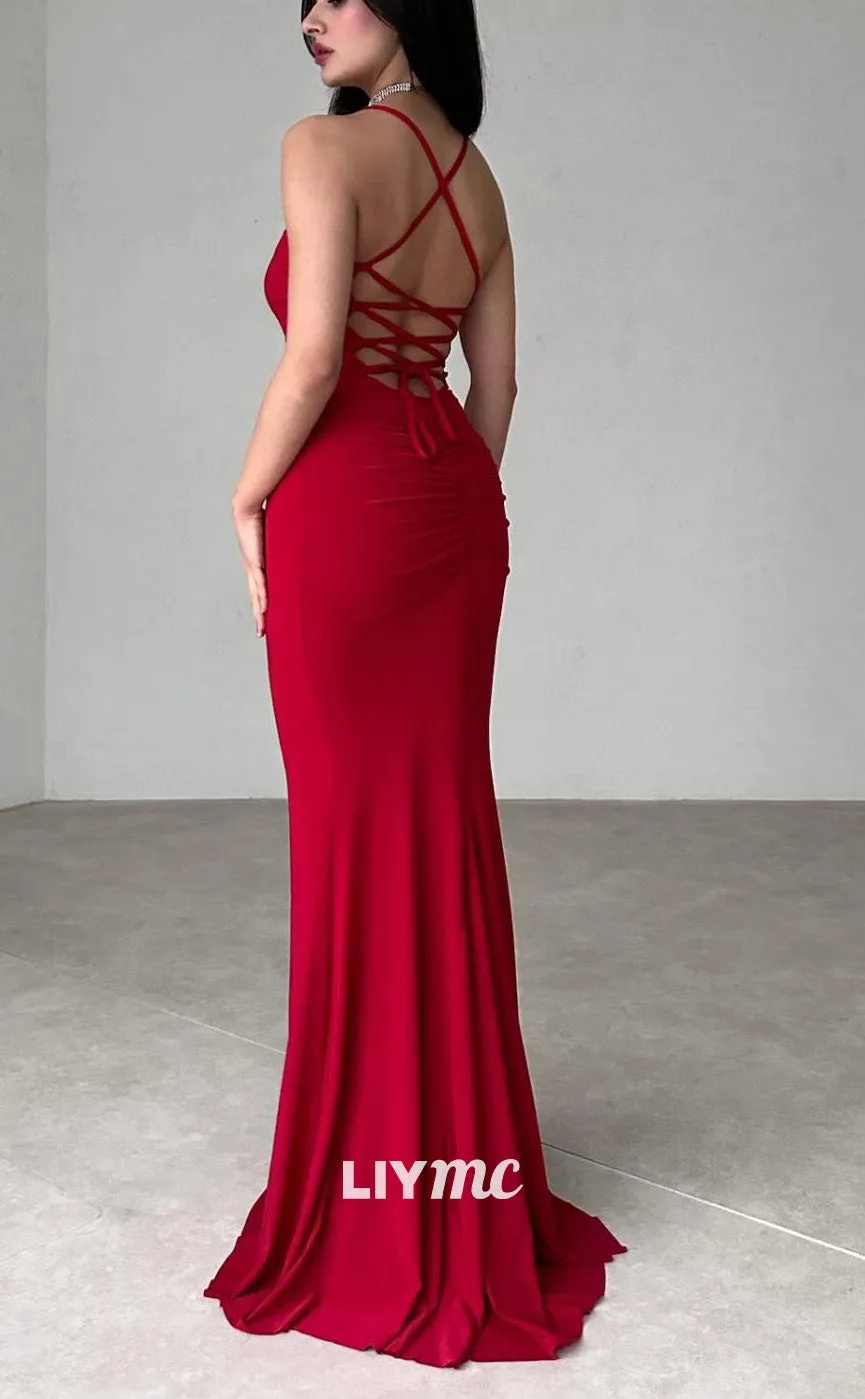 LP2201 - Square Sleeveless Crisscross Straps Sleek Satin Mermaid Prom Dress