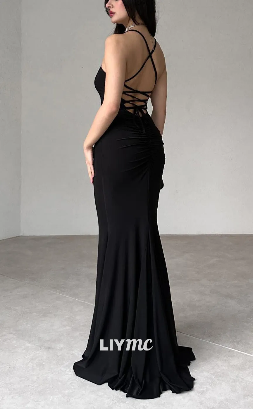 LP2201 - Square Sleeveless Crisscross Straps Sleek Satin Mermaid Prom Dress