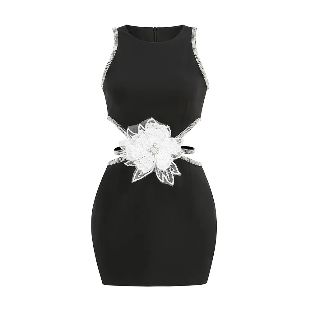 Ludmila Rhinestone Edge Flower Decor Mini Dress