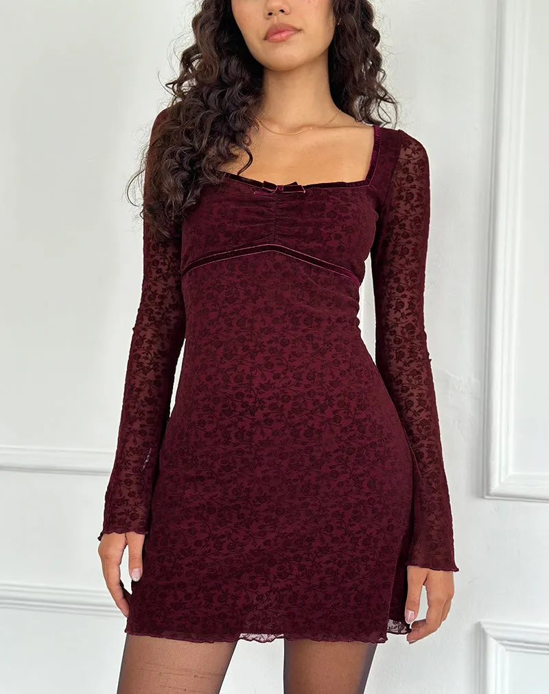 Luth Mini Dress in Ditsy Flocked Burnt Maroon