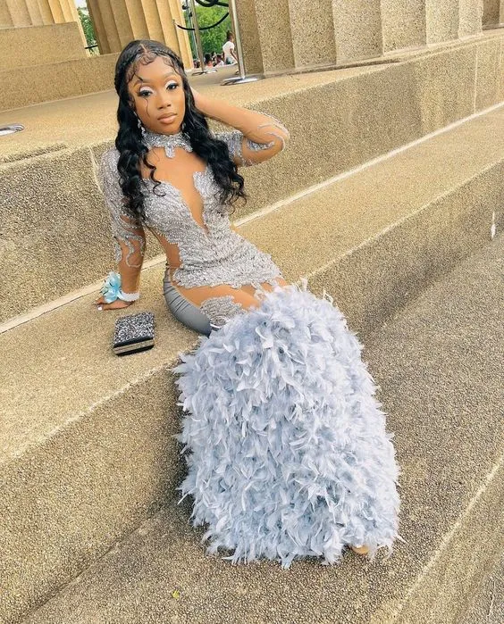 Luxurious Beaded Long Sleeves Mermaid Prom Dress With Feathers SH884