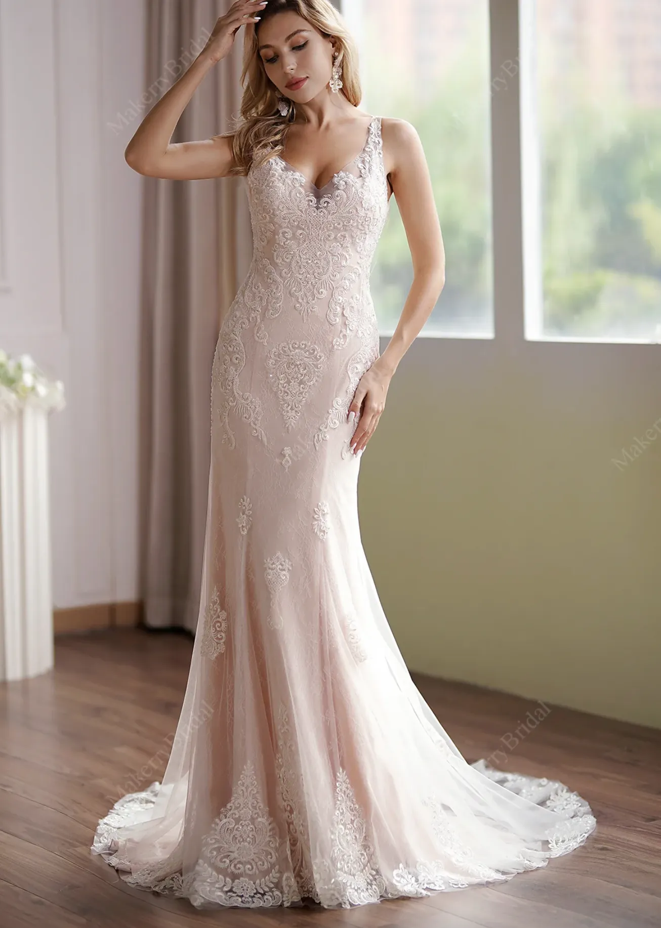 Luxurious Blush V-Neck Beaded Mermaid Bridal Gown