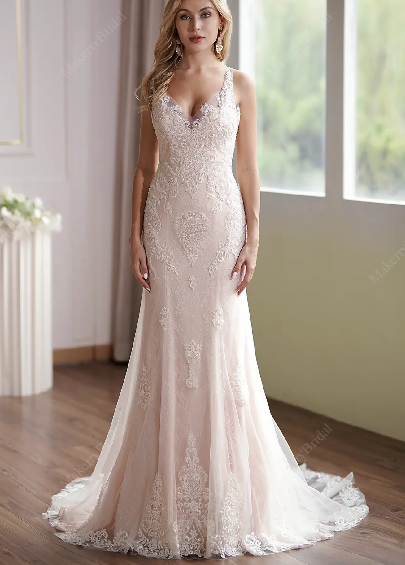 Luxurious Blush V-Neck Beaded Mermaid Bridal Gown