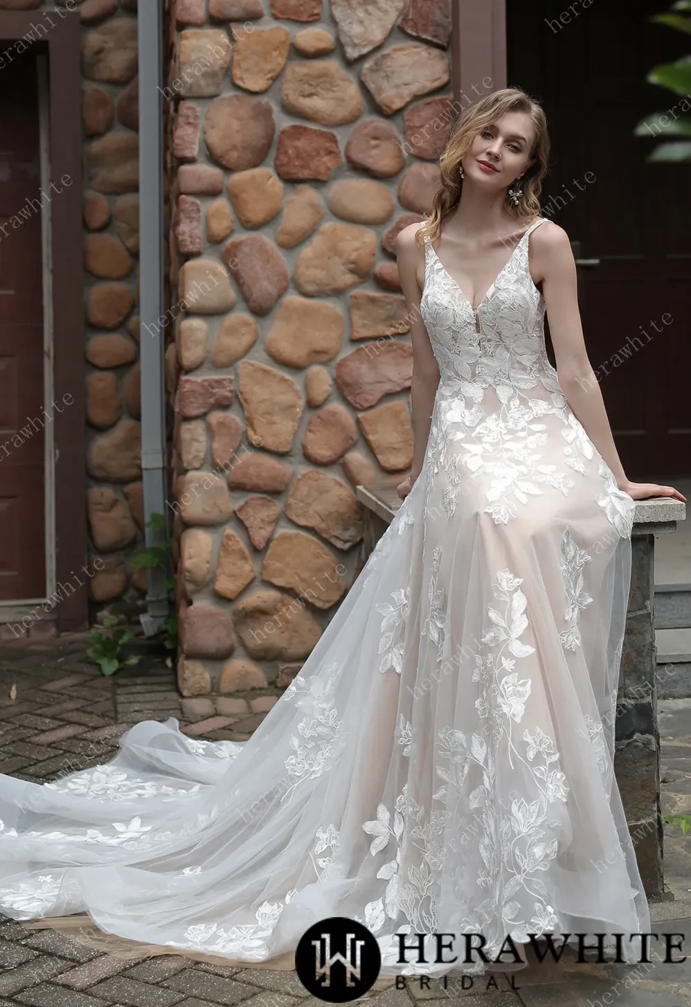 Luxurious Floral Lace A-Line Wedding Dress with Sheer Train