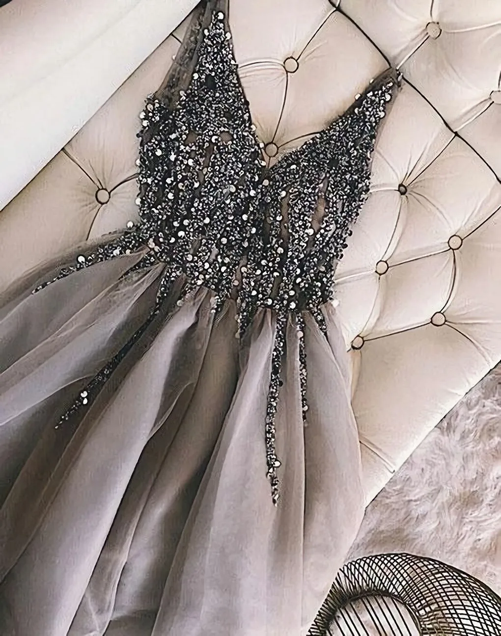 Luxurious Sequins Beaded V Neck Tulle Short V Back Gray Prom Dress, Homecoming Dress