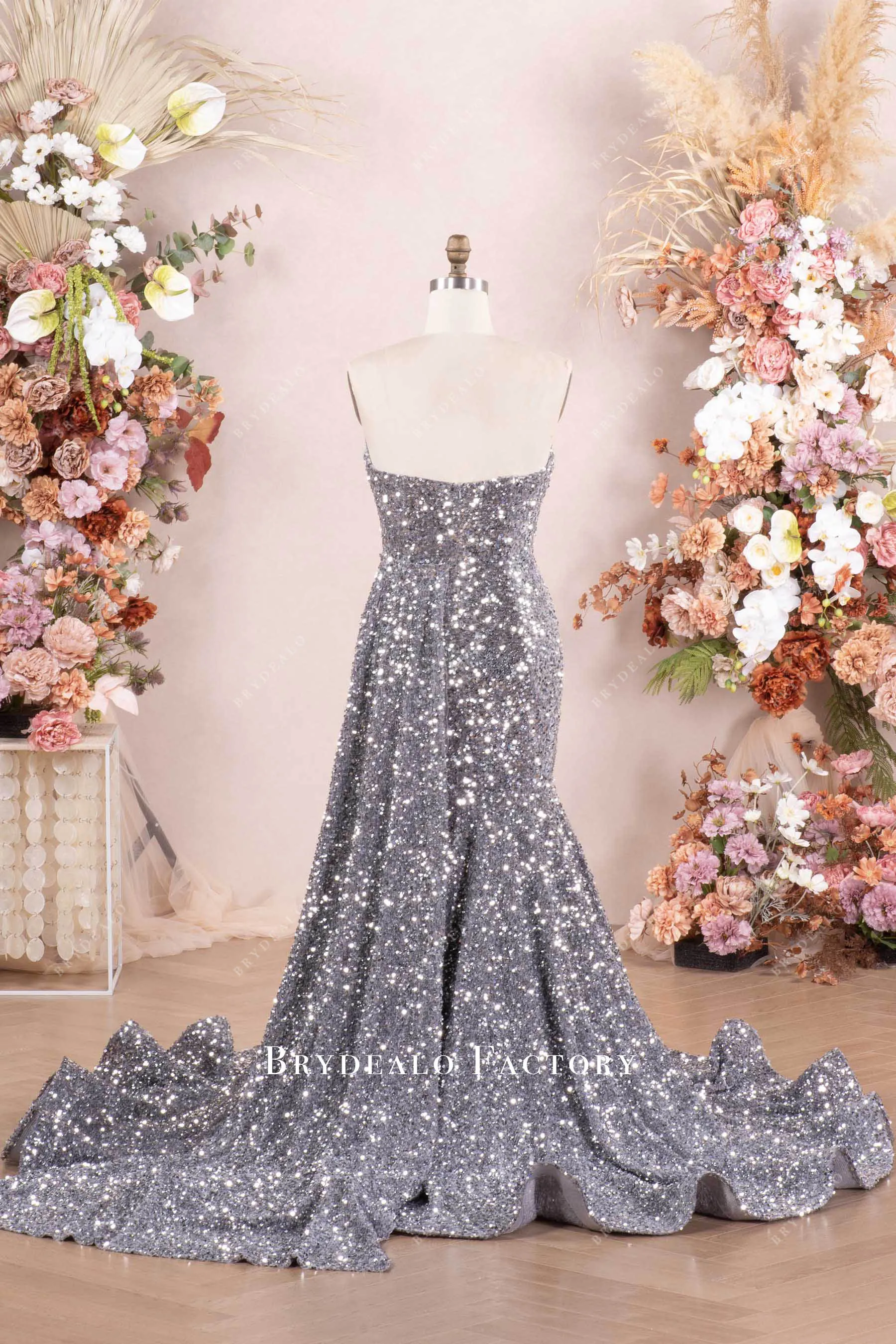 Luxurious Silver Rhinestone Velvet Sequin Long Prom Dress