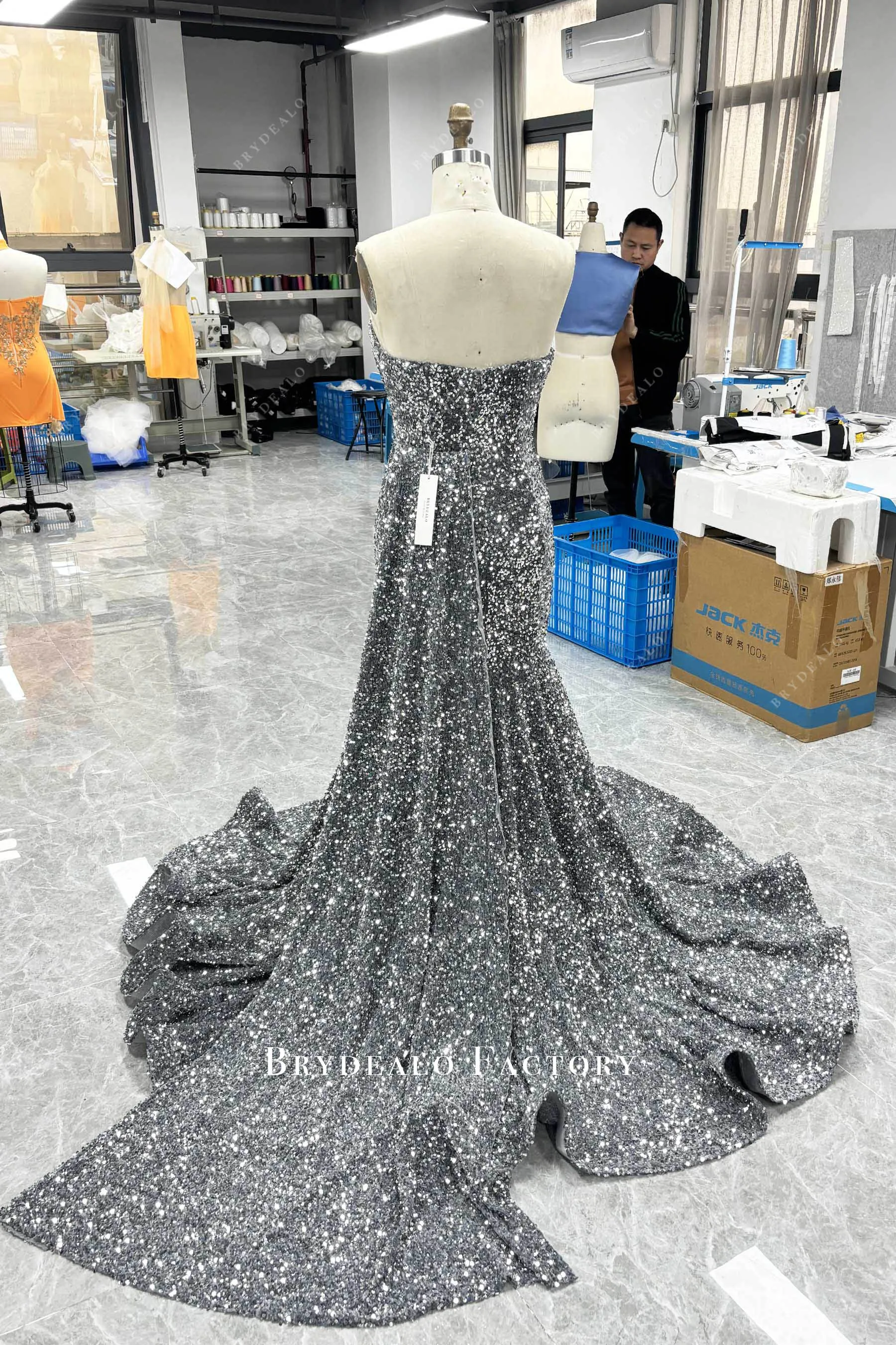 Luxurious Silver Rhinestone Velvet Sequin Long Prom Dress