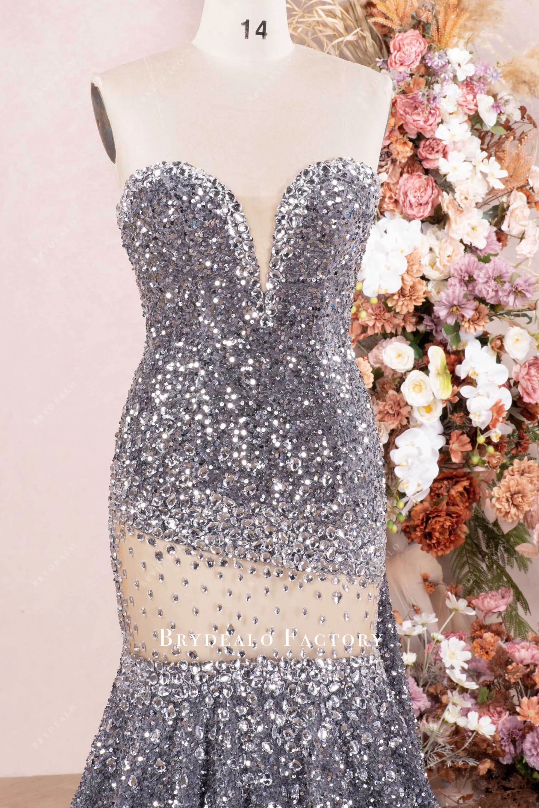 Luxurious Silver Rhinestone Velvet Sequin Long Prom Dress