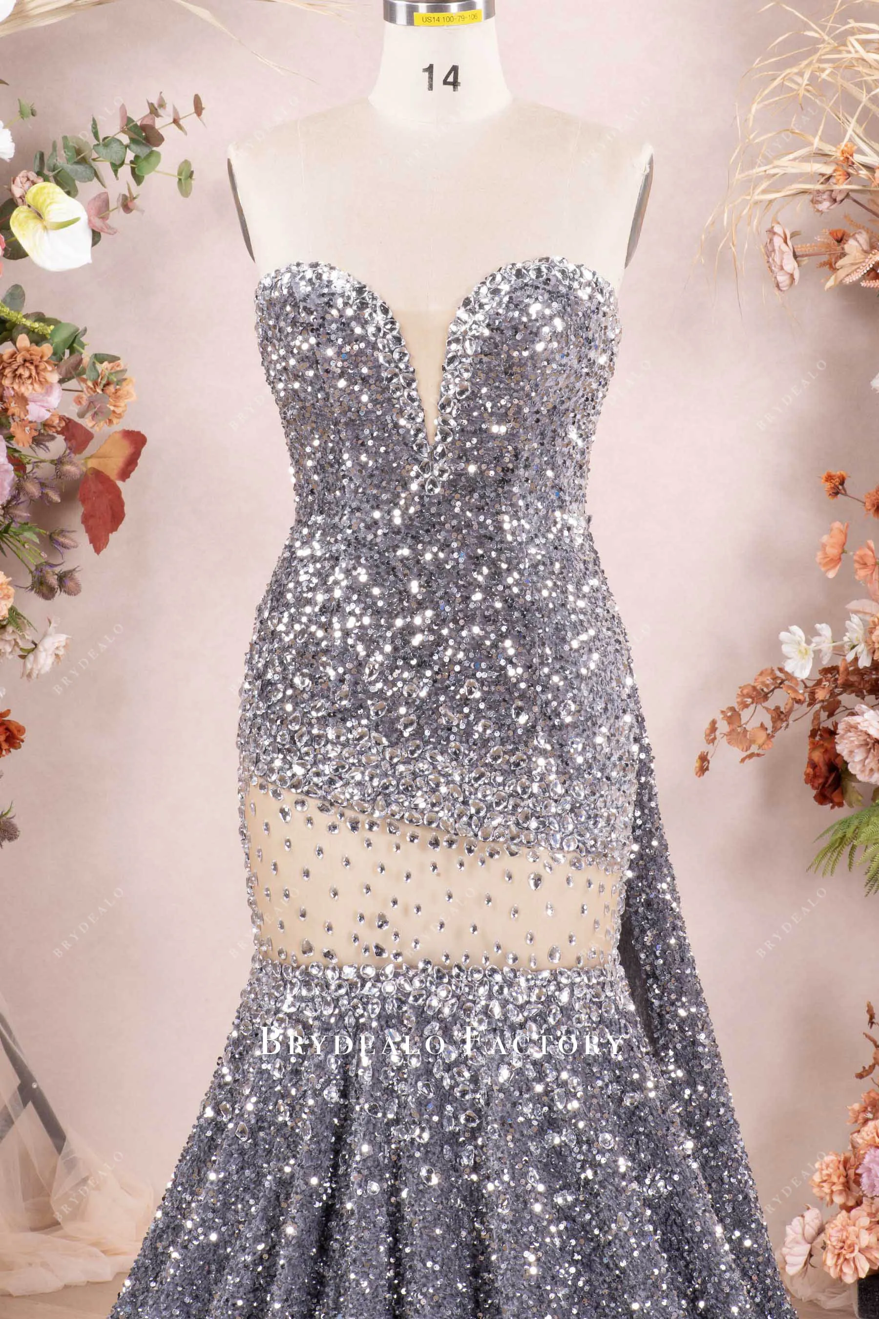 Luxurious Silver Rhinestone Velvet Sequin Long Prom Dress