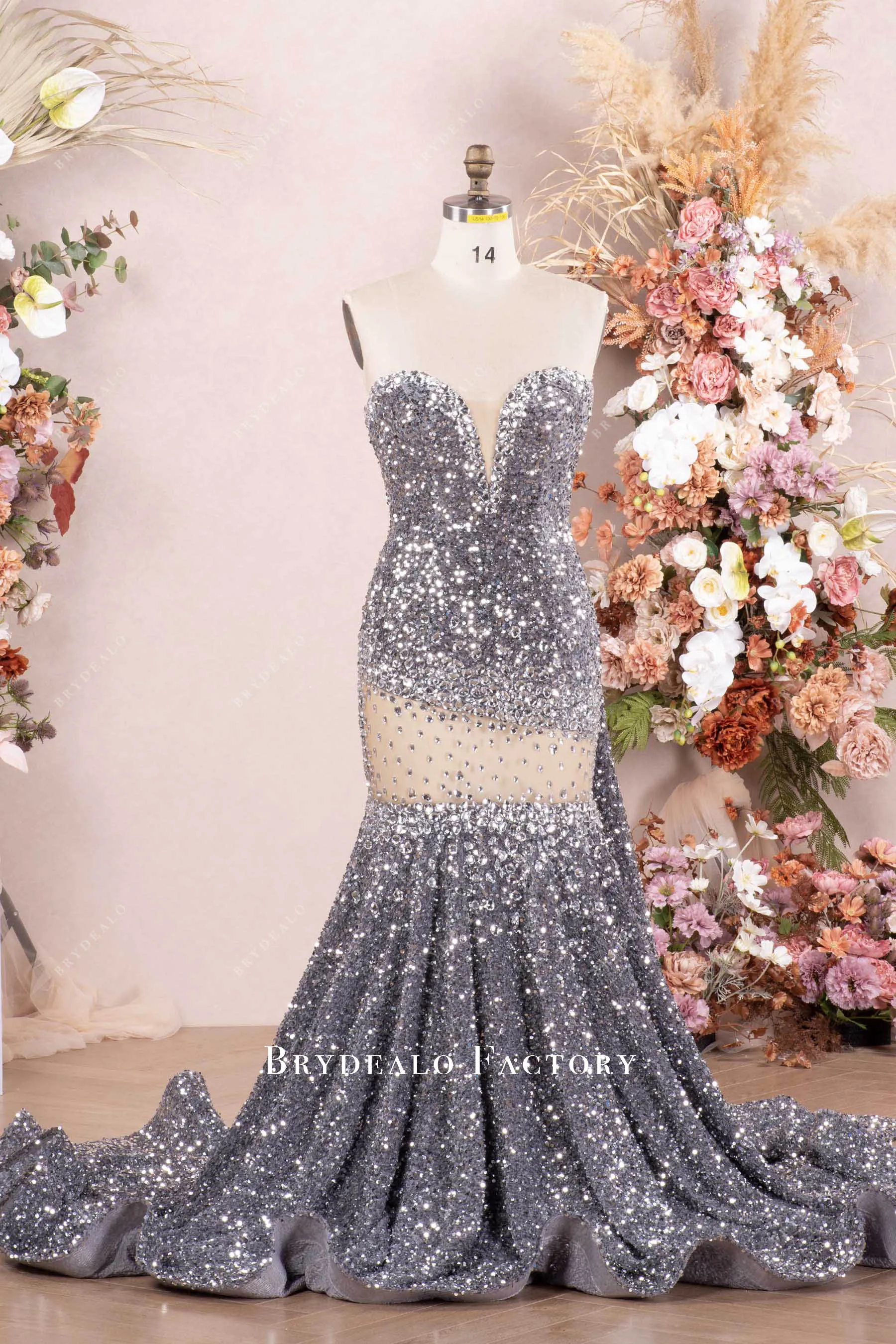 Luxurious Silver Rhinestone Velvet Sequin Long Prom Dress