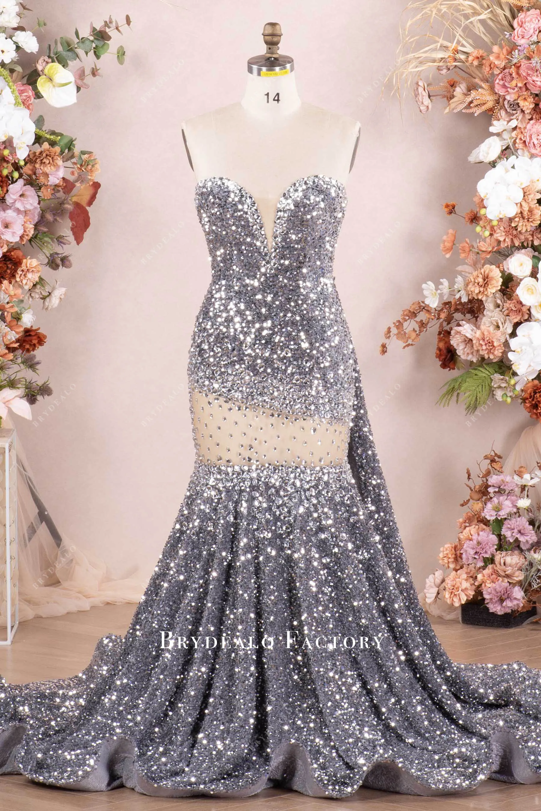 Luxurious Silver Rhinestone Velvet Sequin Long Prom Dress