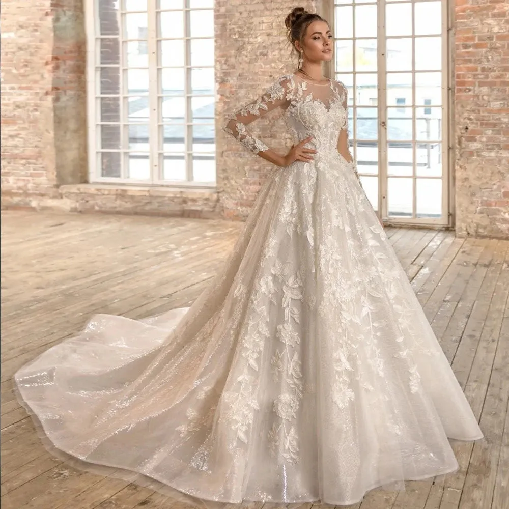 Luxury Long Sleeve Lace A-Line Wedding Dress Luxury Scoop Neck Beaded Court Train