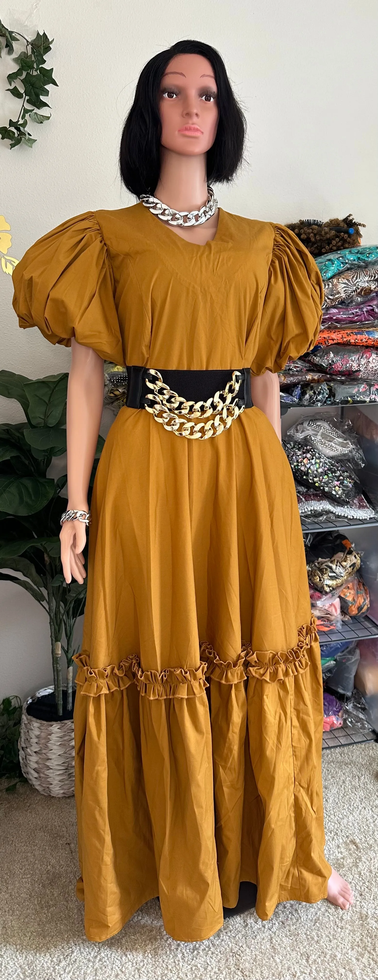 Marian luxury puffy sleeves long dress