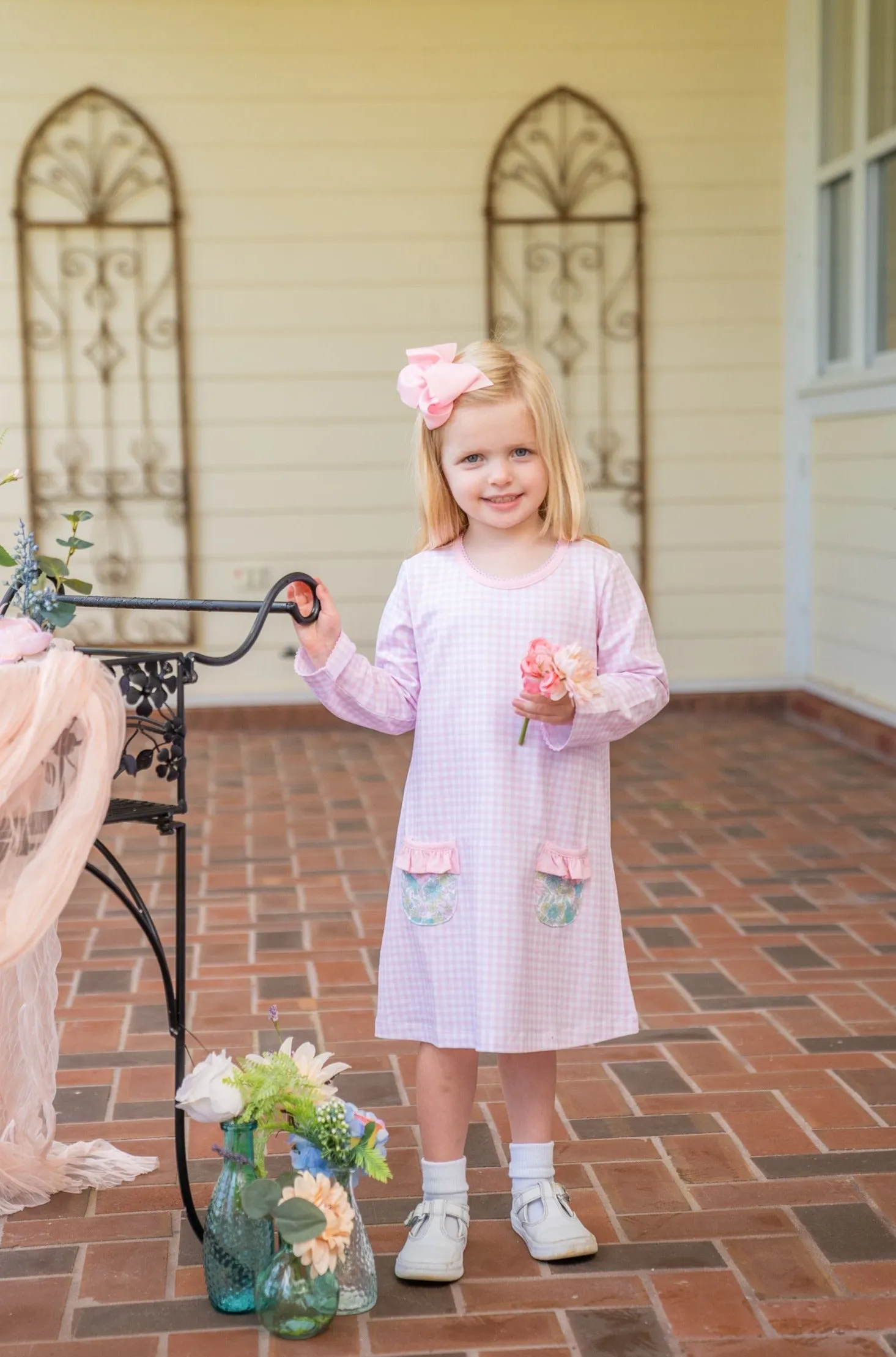 Mary Chase LS Pink Floral Gingham Dress