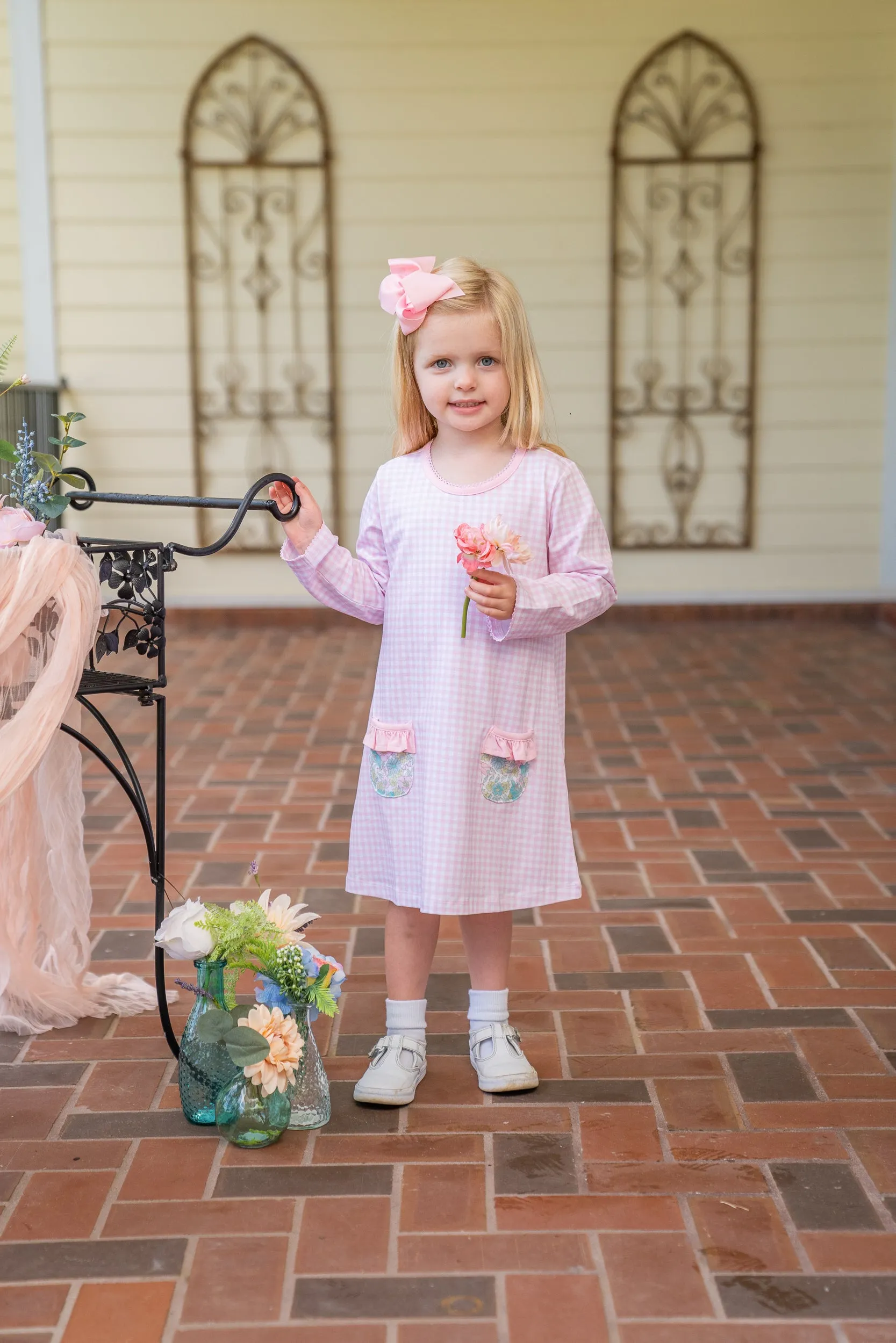 Mary Chase LS Pink Floral Gingham Dress