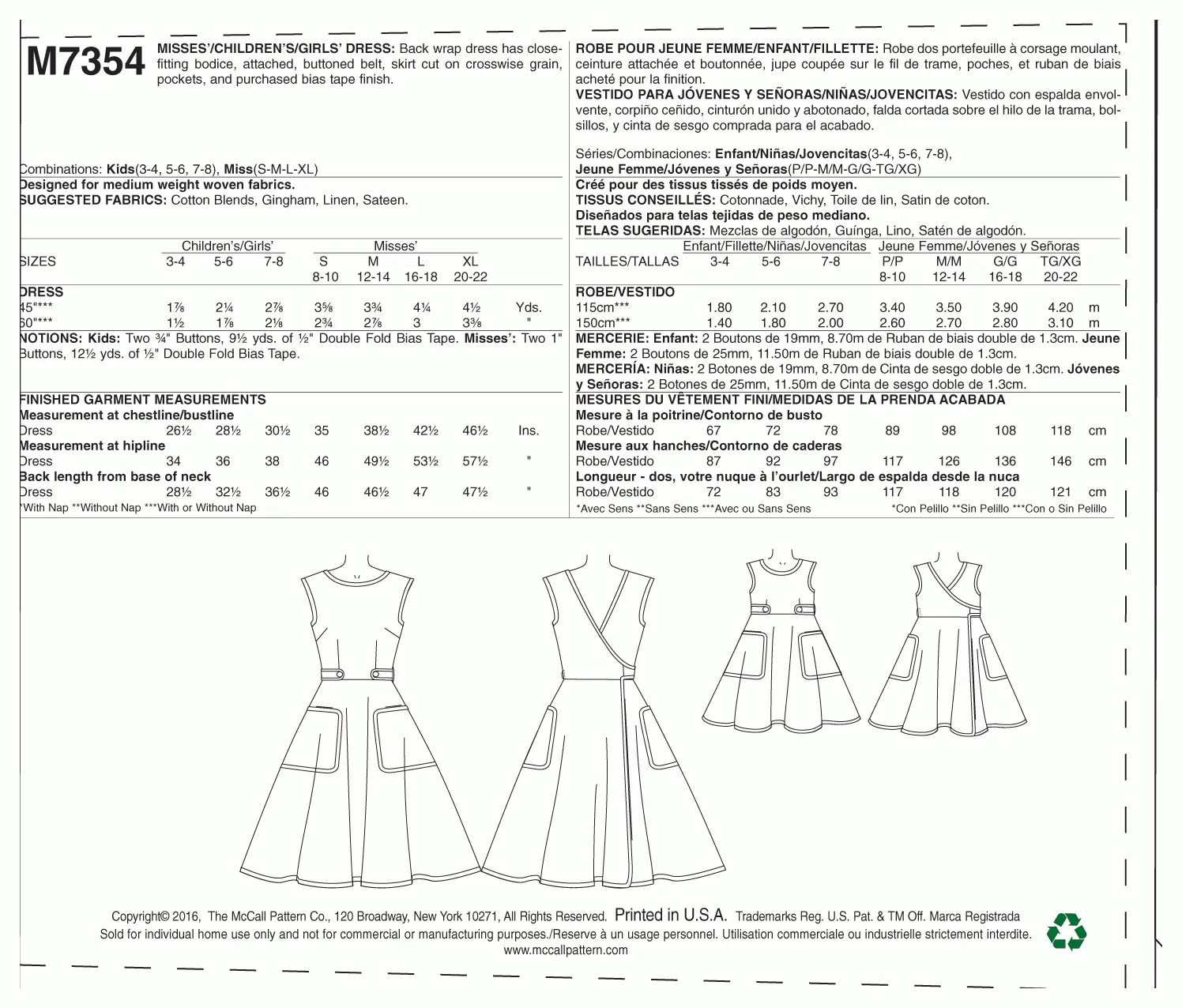 McCall's Pattern M7354 Misses'/Children's/Girls' Matching back-Wrap Dresses