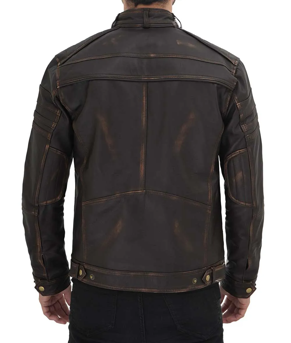 Mens Brown Four Pocket Distressed Vintage Cafe Racer Jacket