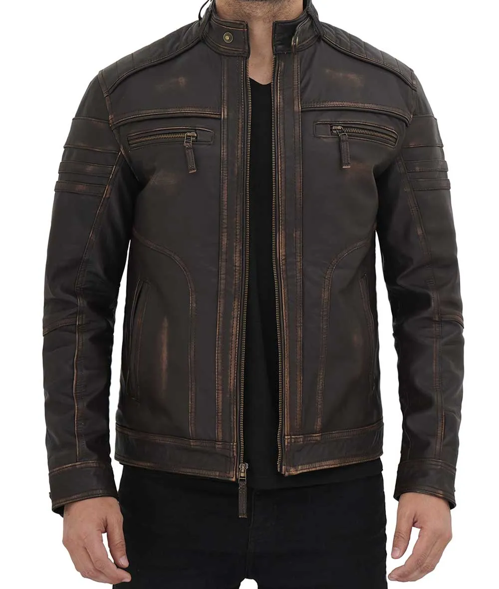 Mens Brown Four Pocket Distressed Vintage Cafe Racer Jacket