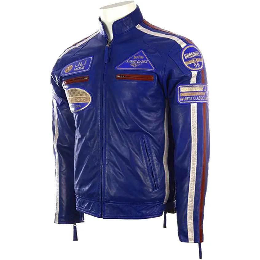 Men's Genuine Leather Biker Jacket with Patches