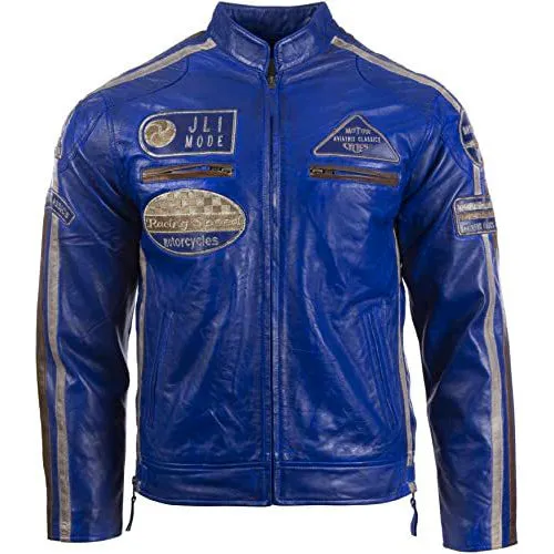 Men's Genuine Leather Biker Jacket with Patches