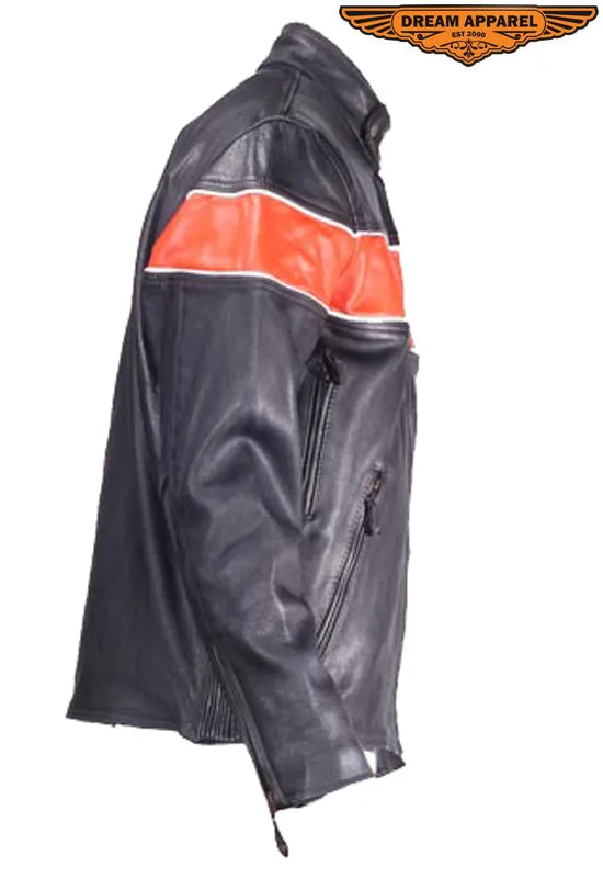 Mens Leather Jacket With One Orange Stripe