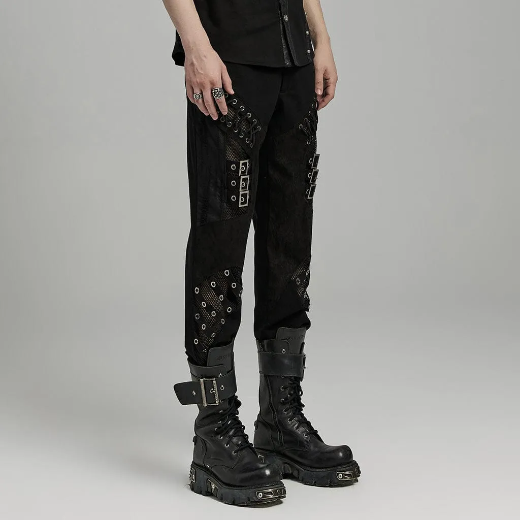 Men's Punk Mesh Splice Bucket Straps Pants