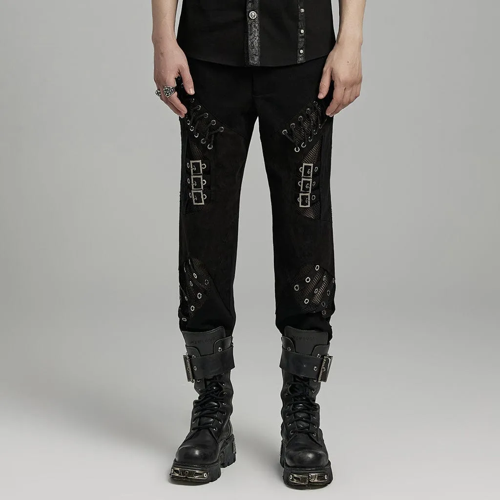 Men's Punk Mesh Splice Bucket Straps Pants