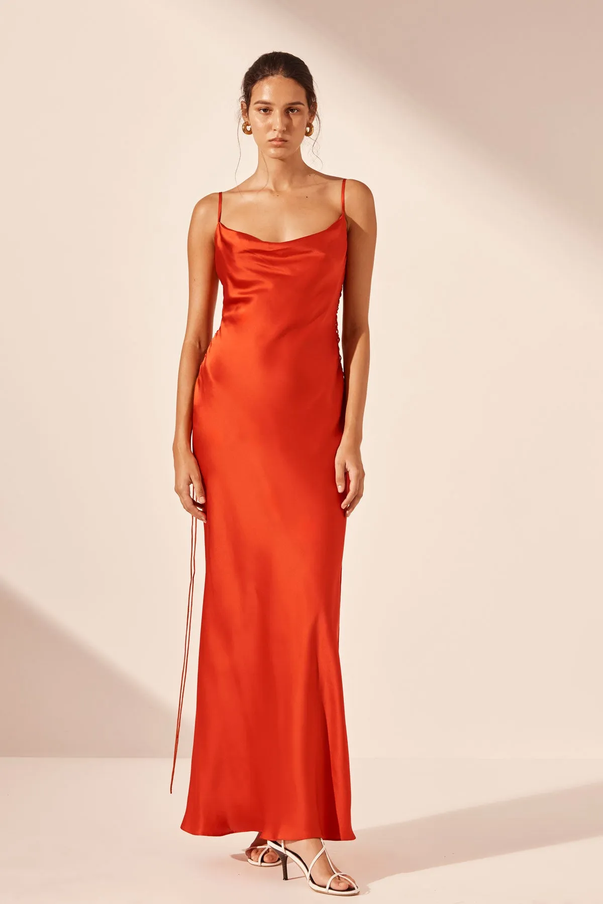 MILENNA SILK COWL NECK LACE UP MAXI DRESS - CHILLI RED