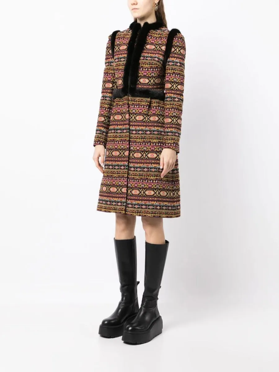 Mink Fur-Trimmed Jacquard Coat