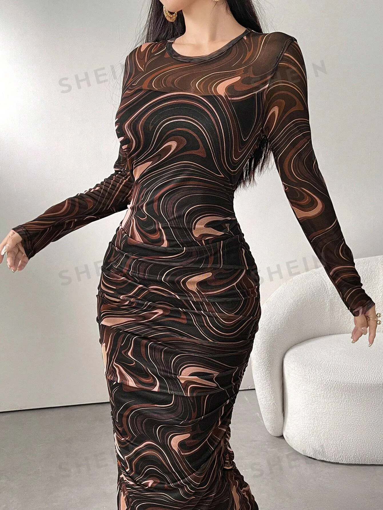 Modely Women Round Neck Long Sleeve Fitted Patterned Elegant Sheer Mesh Dress