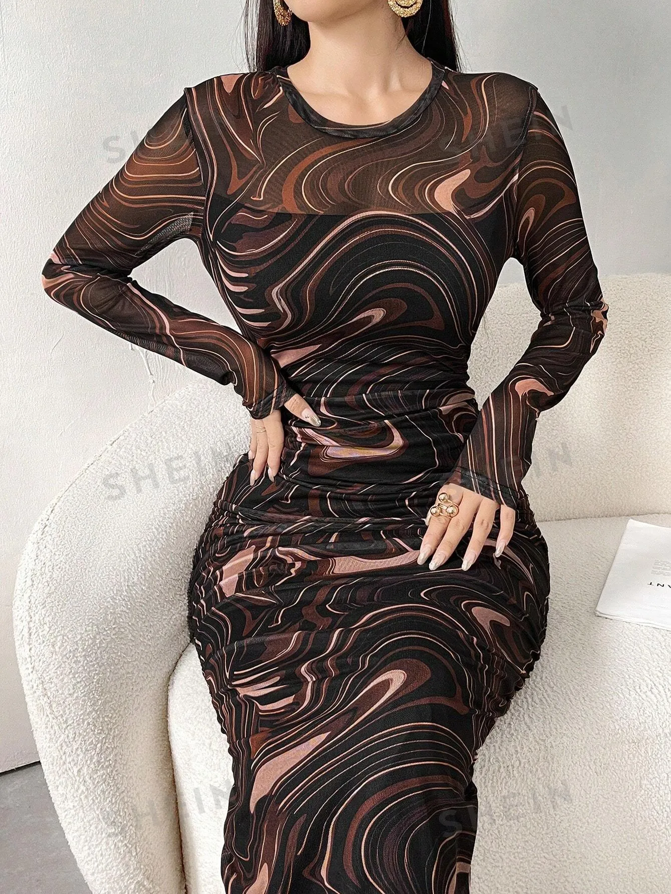 Modely Women Round Neck Long Sleeve Fitted Patterned Elegant Sheer Mesh Dress