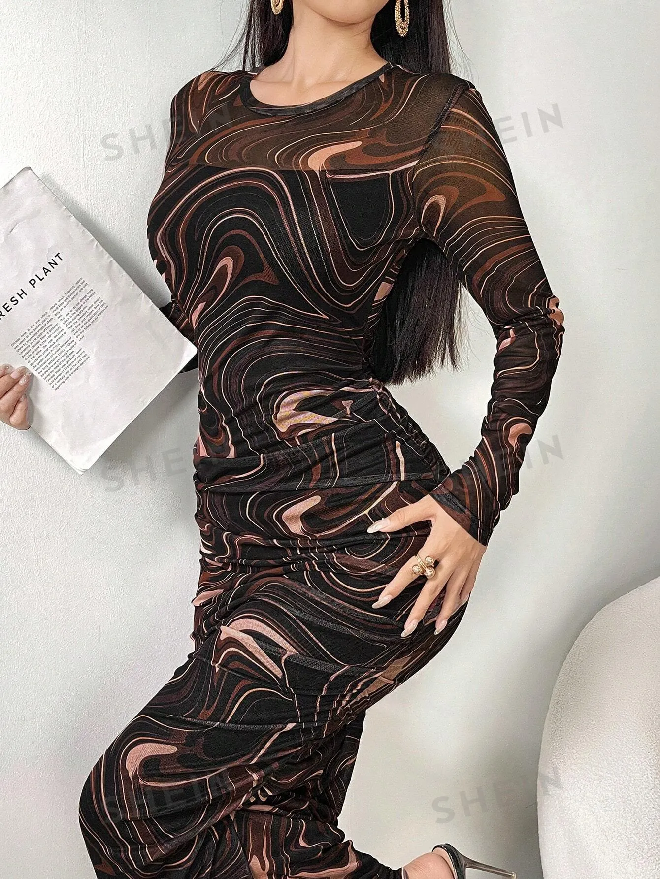 Modely Women Round Neck Long Sleeve Fitted Patterned Elegant Sheer Mesh Dress