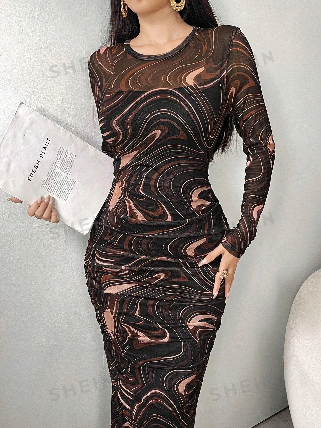 Modely Women Round Neck Long Sleeve Fitted Patterned Elegant Sheer Mesh Dress