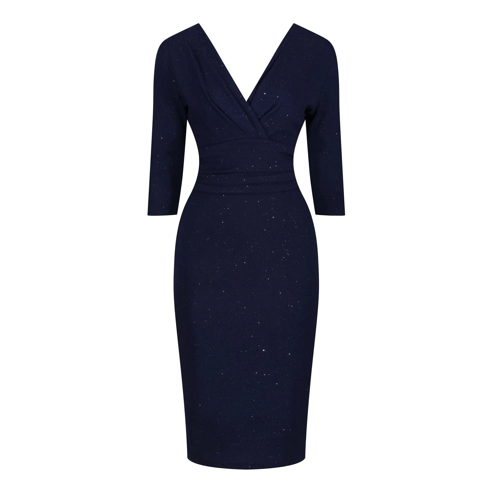 Navy Blue Silver Sparkle Deep V 3/4 Sleeve Bodycon Ruched Waist Wiggle Party Dress