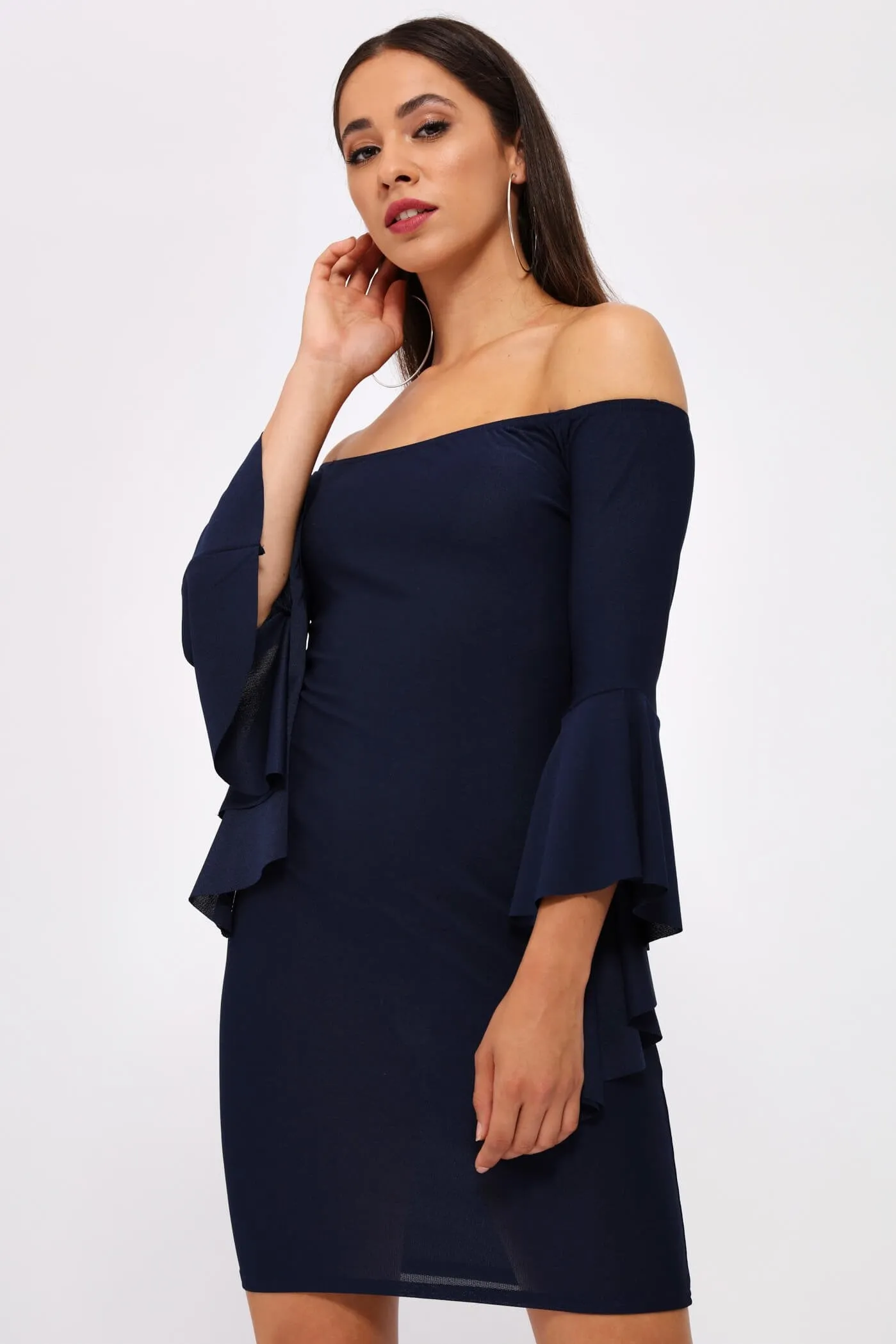 Navy Off The Shoulder Ruffle Sleeve Dress