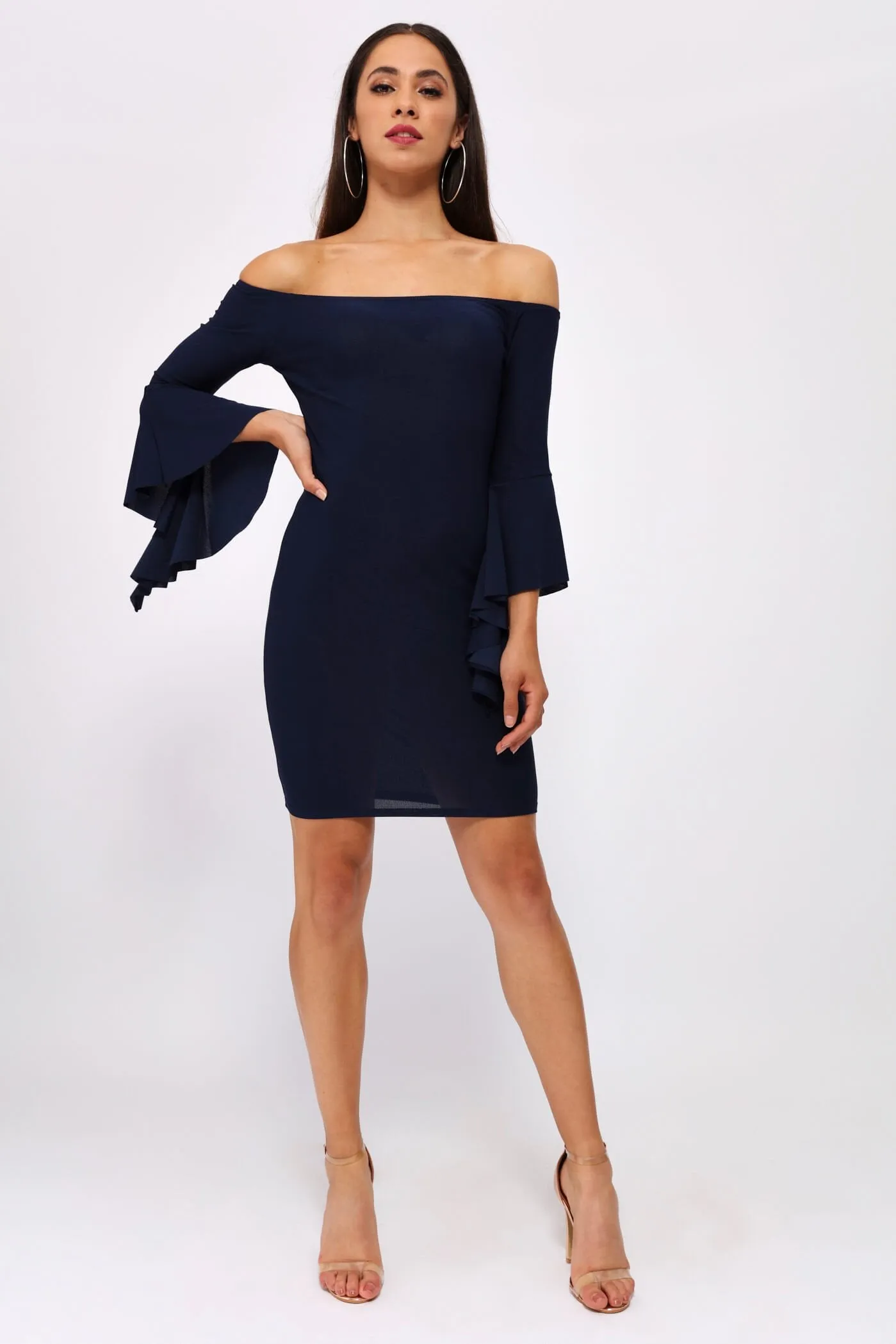 Navy Off The Shoulder Ruffle Sleeve Dress