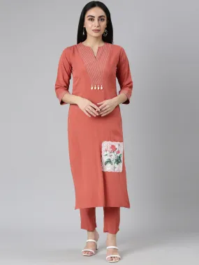 Neerus Orange Regular Straight Solid Kurta and Trousers