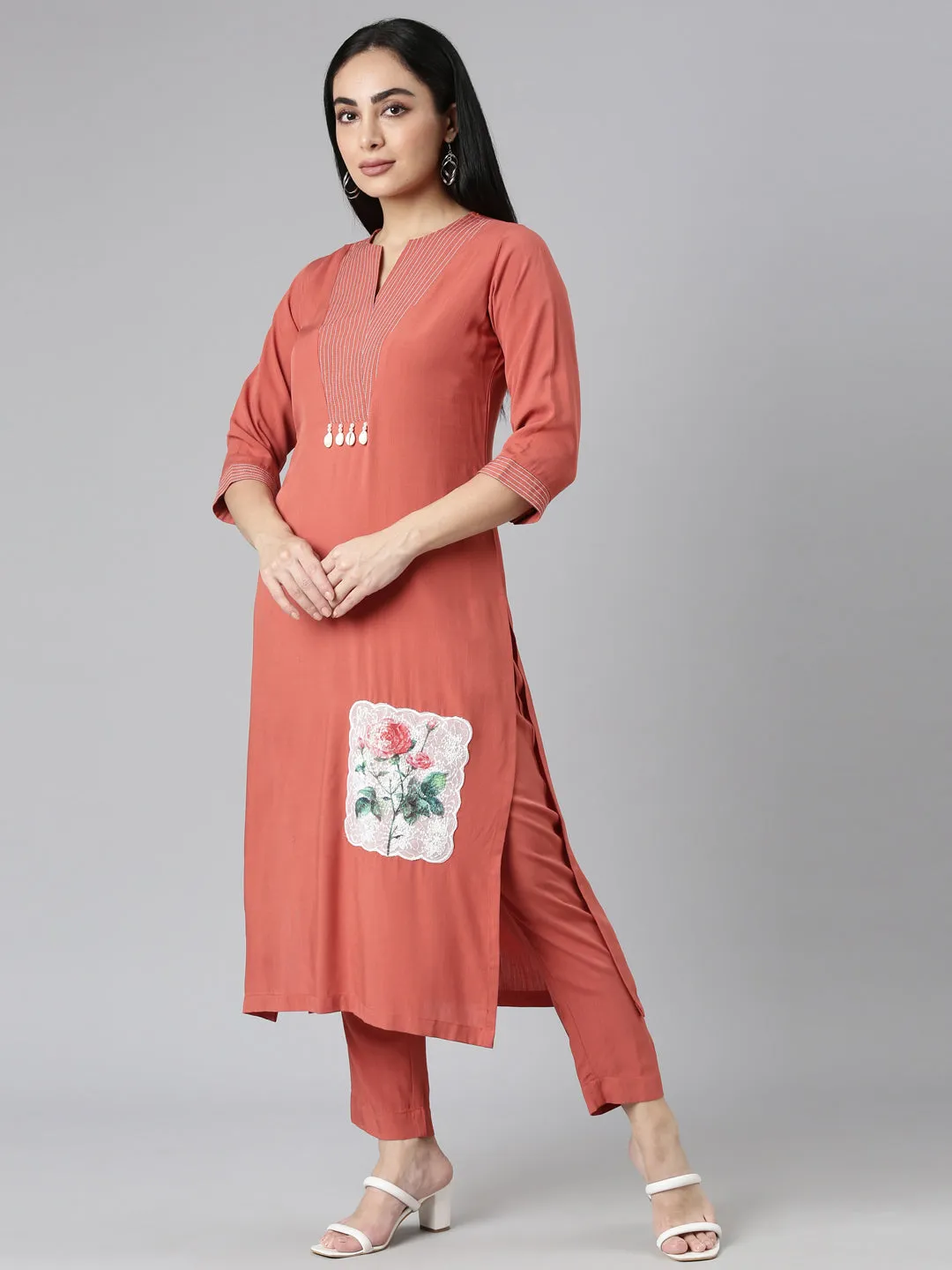 Neerus Orange Regular Straight Solid Kurta and Trousers