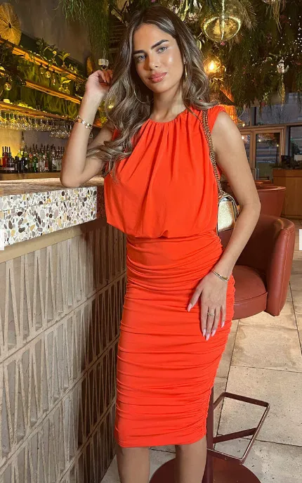 Nollaig Orange Ruched Skirt Bodycon Dress