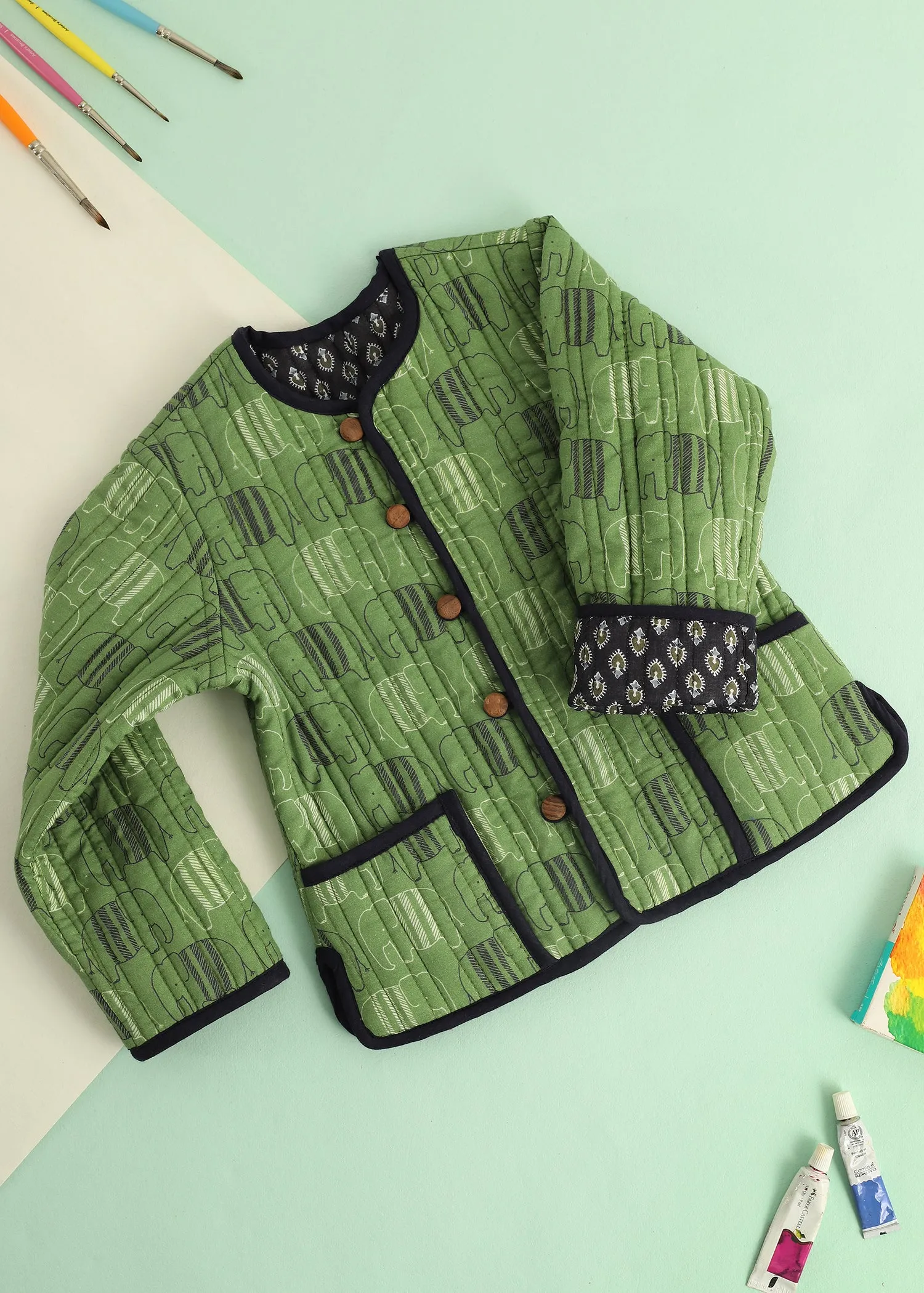 Olive Elephant Quilted Cotton Reversible Coat Unisex (0-7 Years)