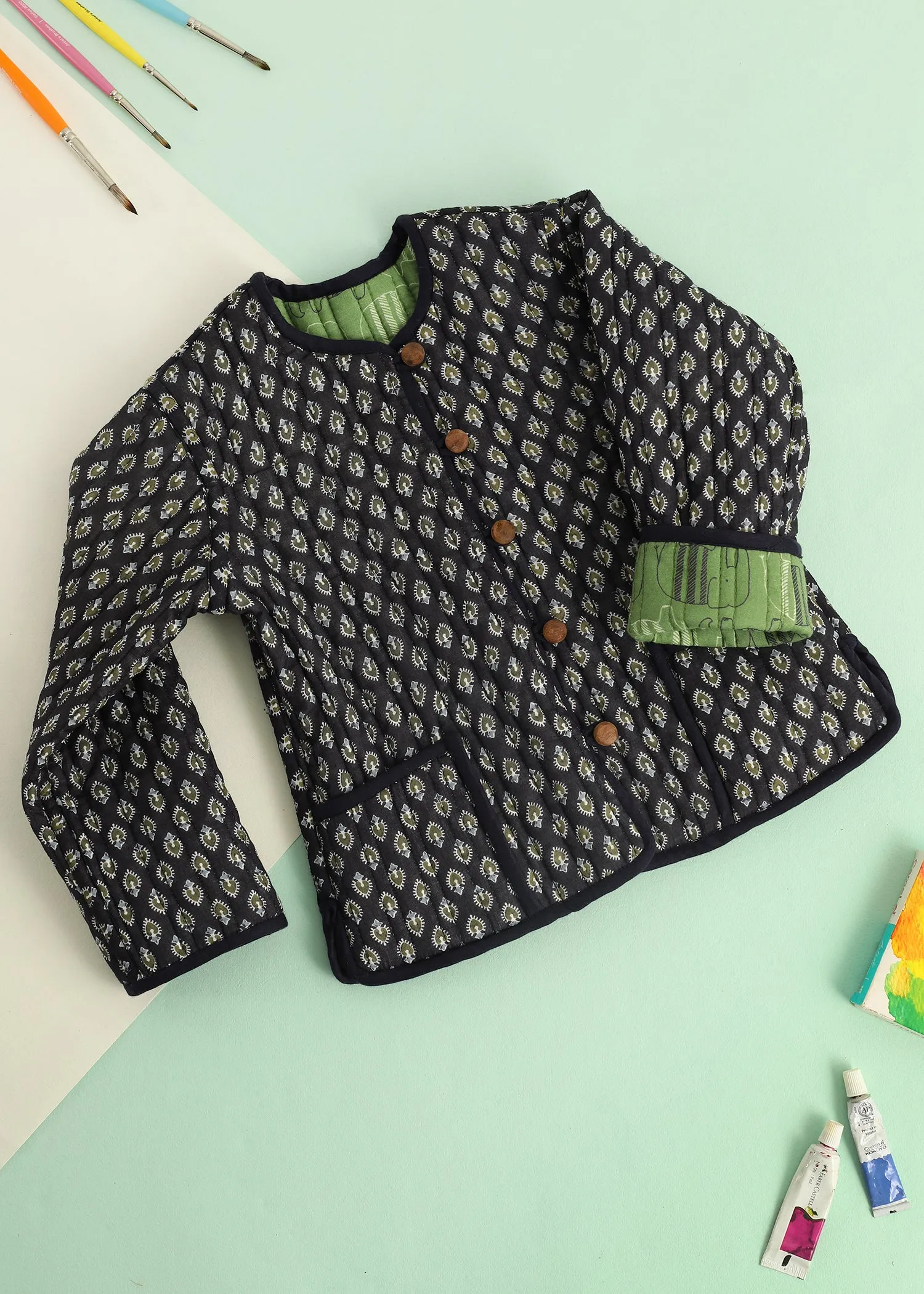 Olive Elephant Quilted Cotton Reversible Coat Unisex (0-7 Years)