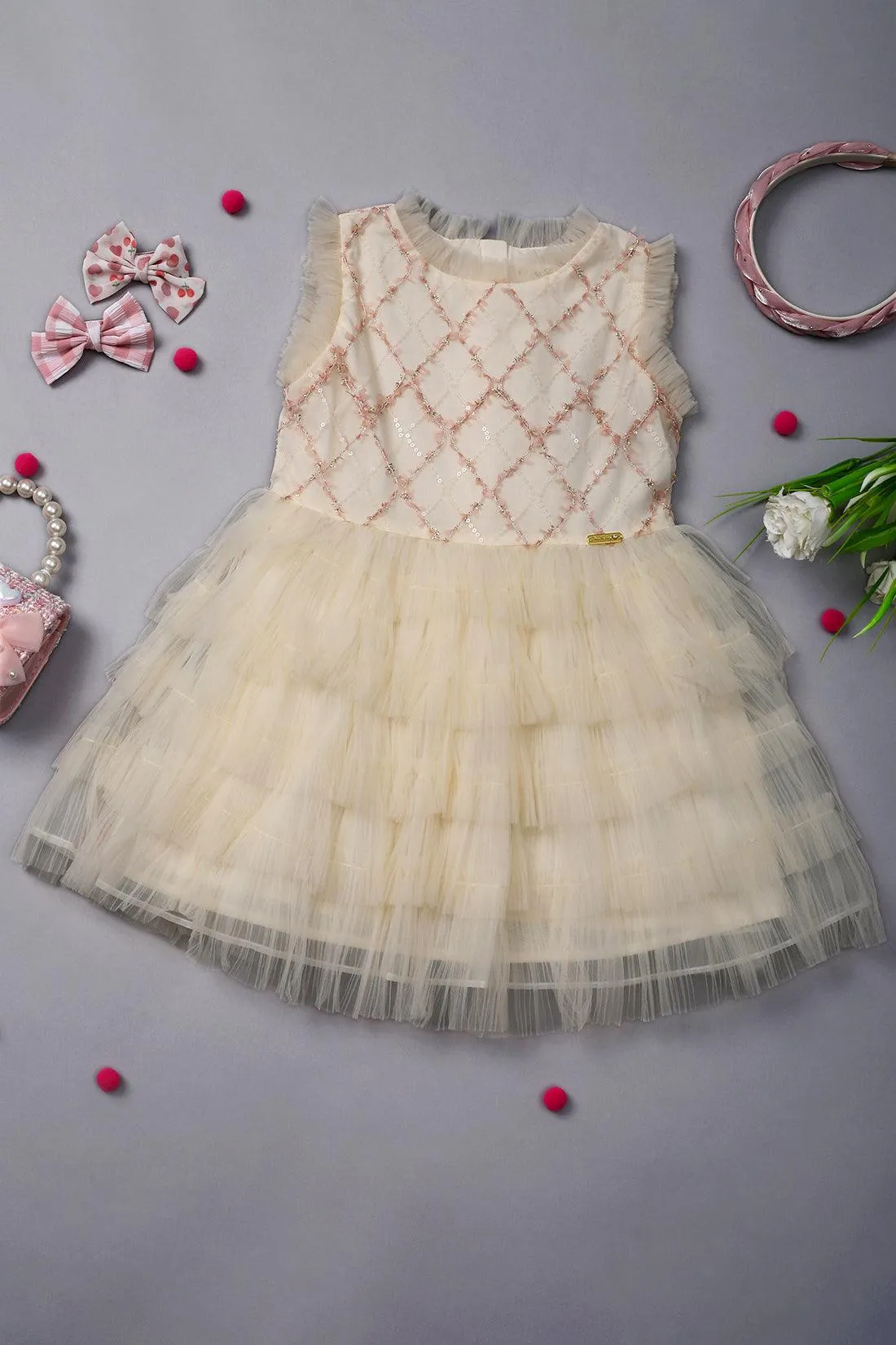 One Friday Kids Girls Sequined & Frilled Cream Dress