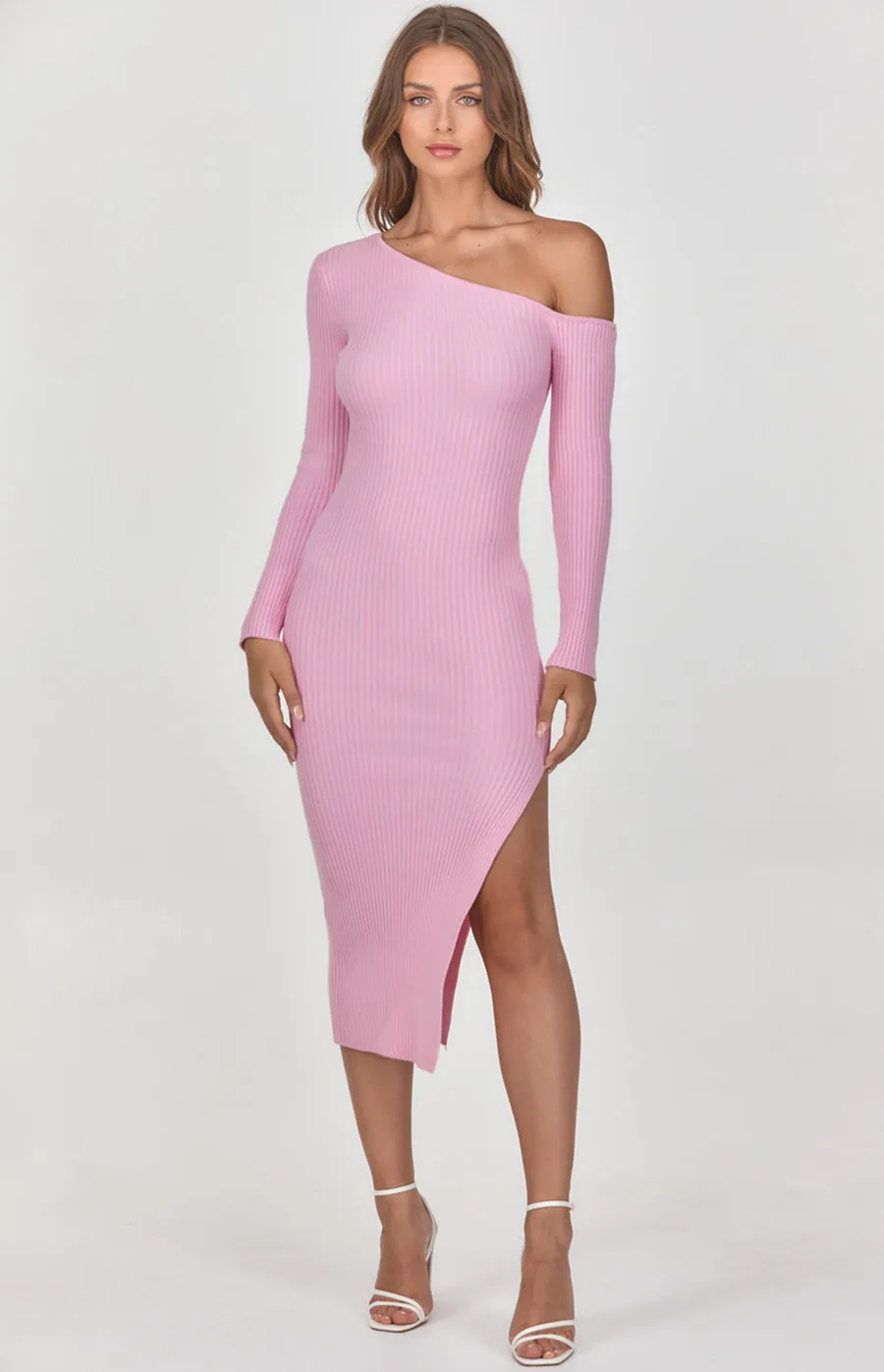 One Shoulder Knit Midi Dress with Side Split