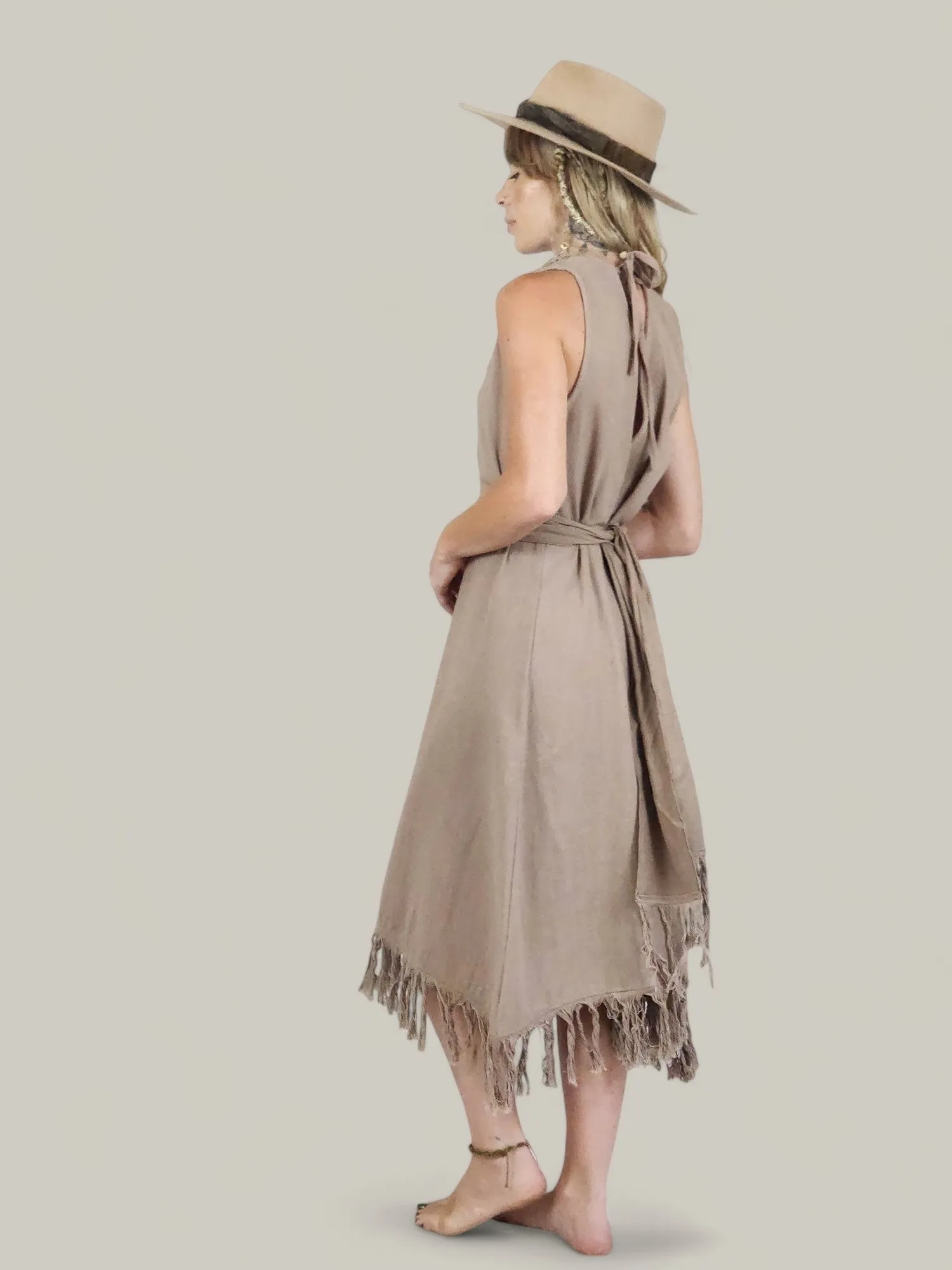 Organic Cotton Dusty Rose Fringe Dress (Open Back)