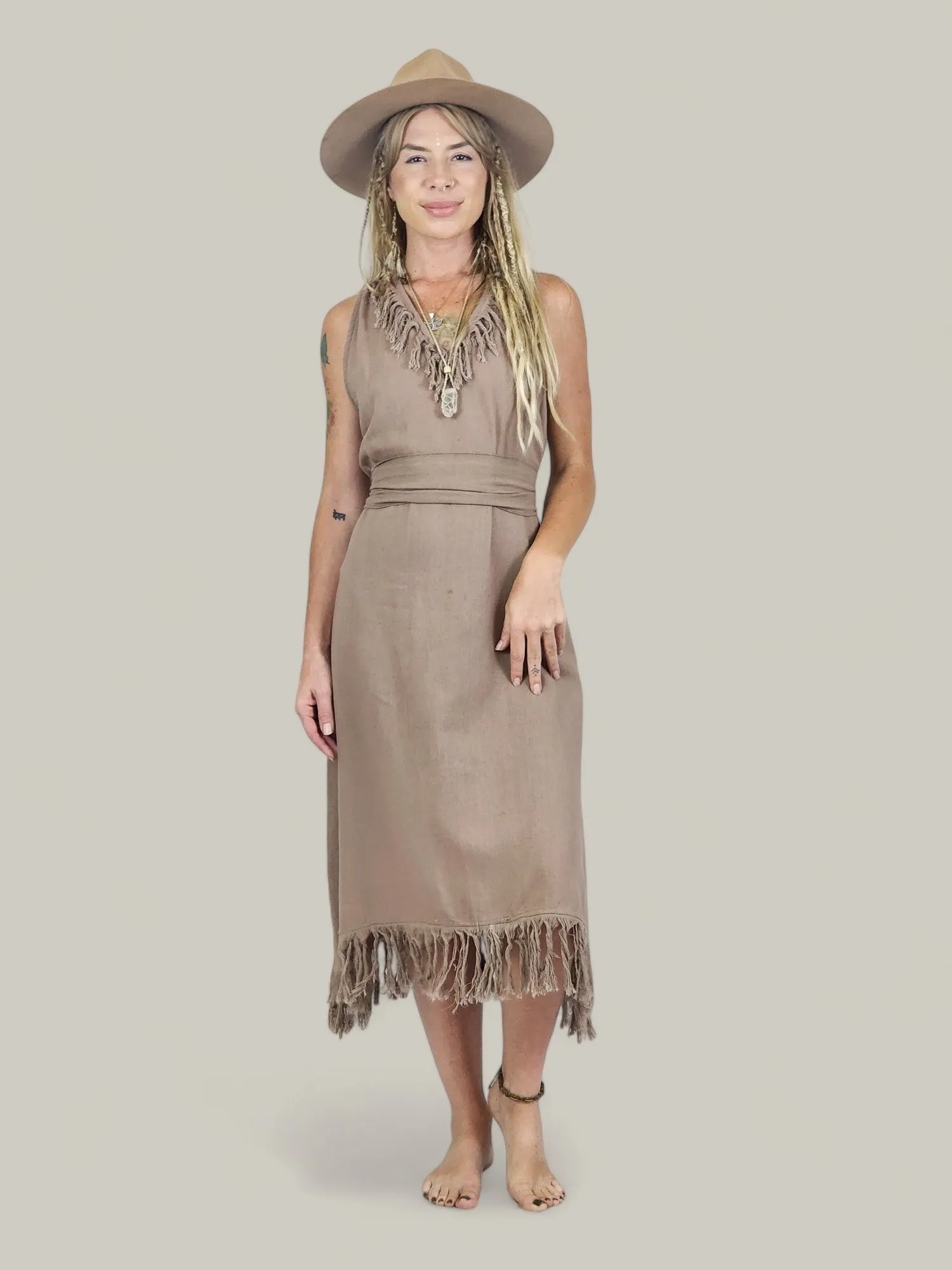 Organic Cotton Dusty Rose Fringe Dress (Open Back)