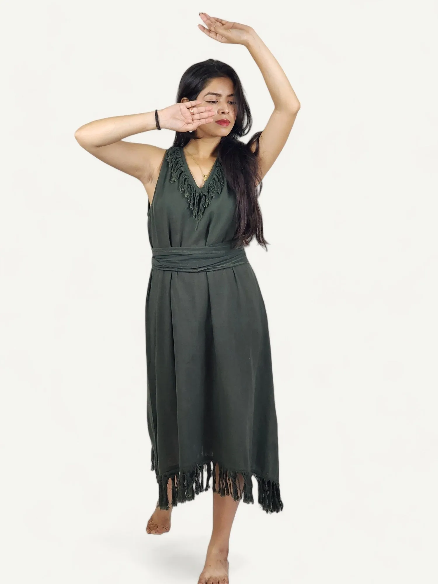 Organic Cotton Forest Green Fringe Dress (Open Back)