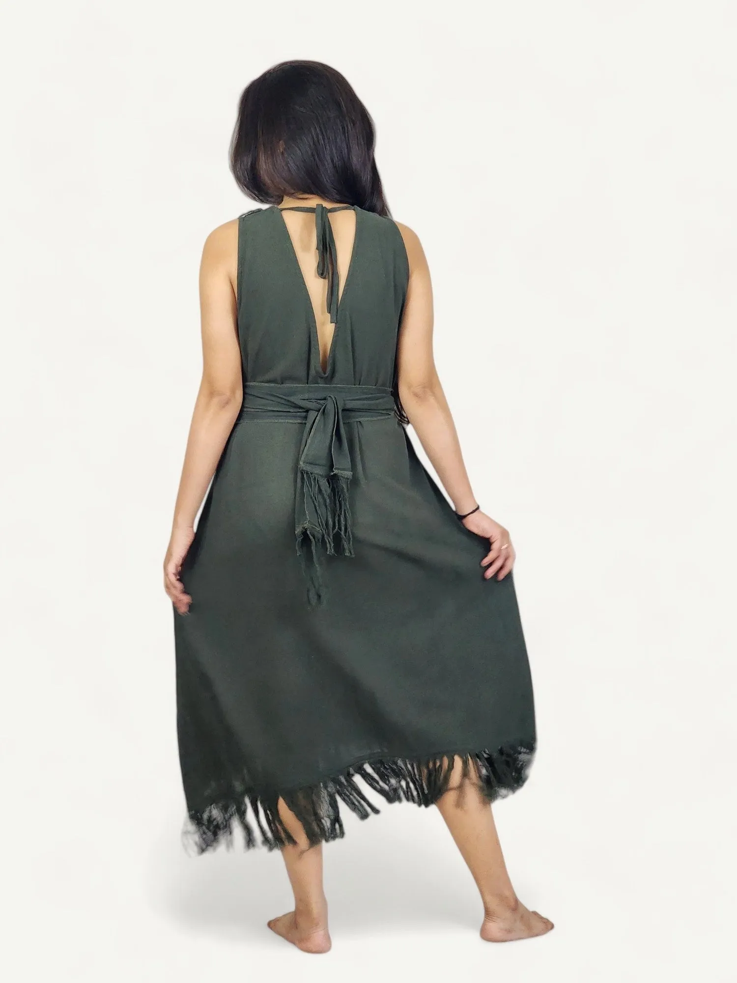 Organic Cotton Forest Green Fringe Dress (Open Back)